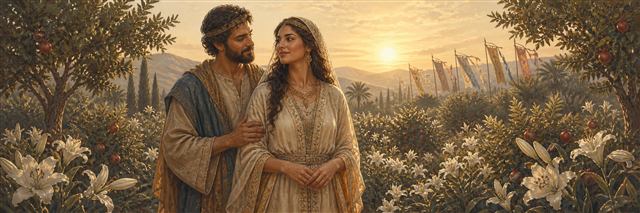 A reunited couple standing in a garden of lilies and pomegranates at sunrise